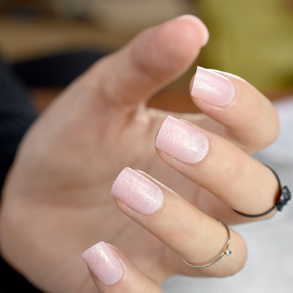 baby pink short false nails tips light pink with shimmer glitter full cover artificial fake nail
